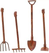 4 Pcs Miniature Dollhouse Garden Tools 1:12 Mini Rusty Shovel Hoe and Pitchfork Fairy Garden Acce...