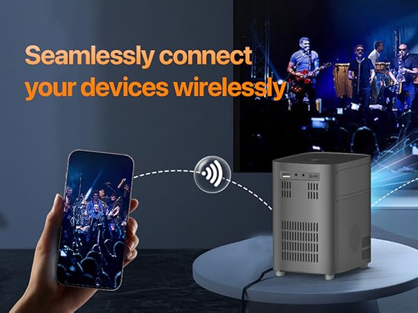 Text reads 'Seamlessly connect your devices wirelessly'. Promotional image showing wireless connection between smartphone and device with concert performance backdrop.