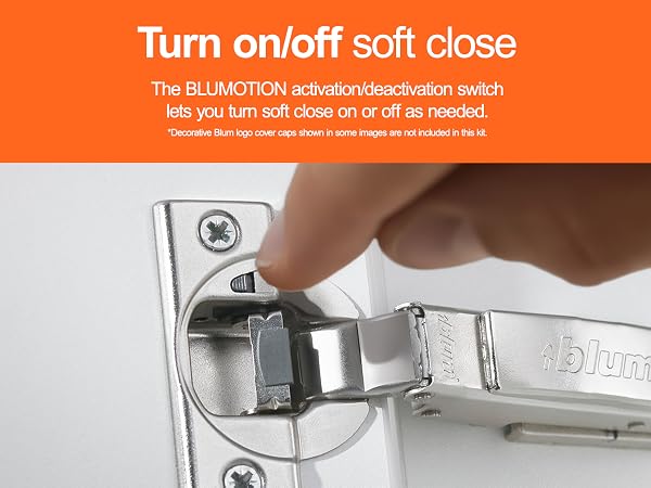A close-up of a door hinges on/off switch. Text reads: Turn on/off soft close.