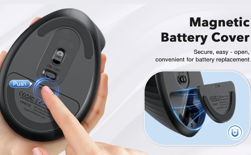 Text reads 'Magnetic Battery Cover', 'Secure, easy - open, convenient for battery replacement'. Black device with magnetic battery compartment being opened.