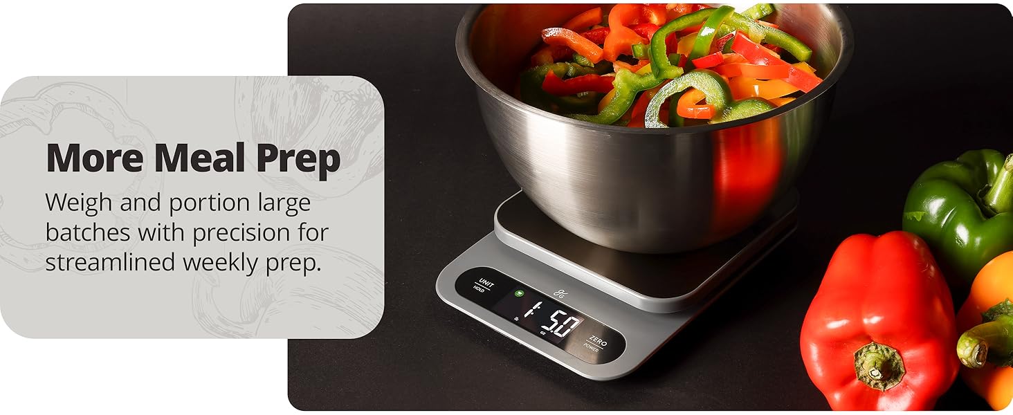 greater goods high capacity scale with sliced peppers in large bowl