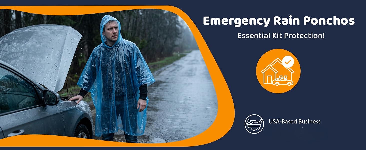 Man in rain poncho beside a broken-down car