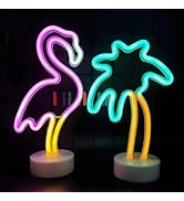 ENUOLI LED Flamingo and Coconut Palm Tree Neon Signs LED Battery/USB Powered Neon Light with Hold...
