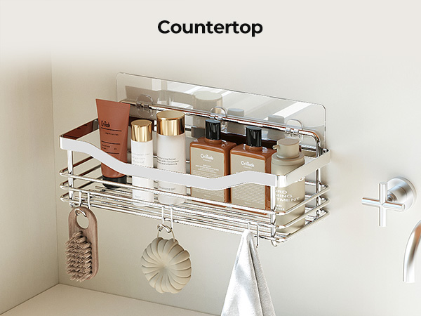 No Drilling Wall Mount Adhesive Rust Proof Stainless Steel Shower Organizer with Hooks for Bathroom