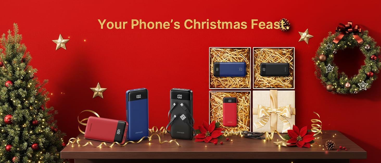 Text reads 'Your Phone's Christmas Feast'. Red holiday-themed banner with decorative elements including stars and gift box icons.