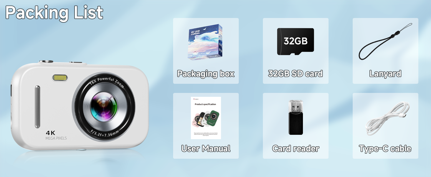 Packing list including 32gb sd card and card reader