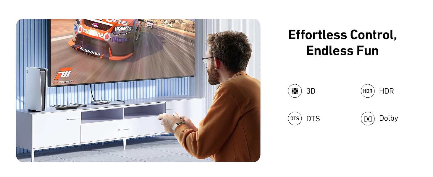 Gaming or entertainment setup showing large display screen with interface icons indicating 3D, USB, and DTS features. Text reads 'Effortless Control, Endless Fun'