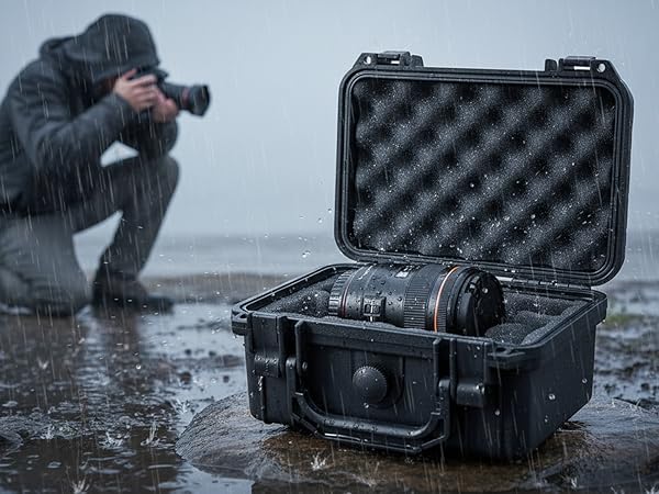 Series of images showing water-resistant protective case being tested in wet conditions. Black foam-lined protective case with equipment inside.