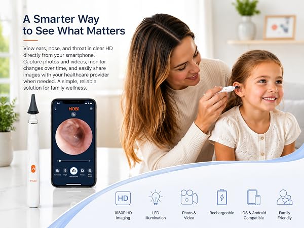 Mother using MOBI Smart Ear Camera while viewing HD ear image on smartphone beside device