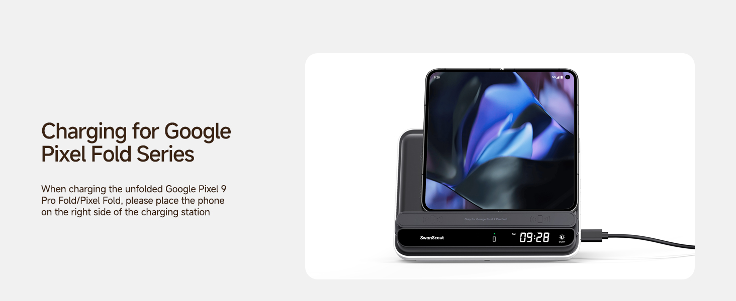 Wireless charging stand for Google Pixel Fold smartphone. Black device with digital display showing time, phone resting horizontally on angled surface. USB cable connected.