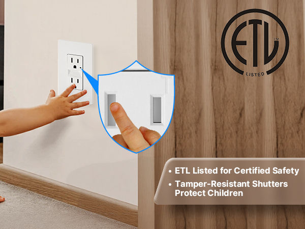 Certified peace of mind: ETL Listed with TR shutters designed to block a child's curious fingers