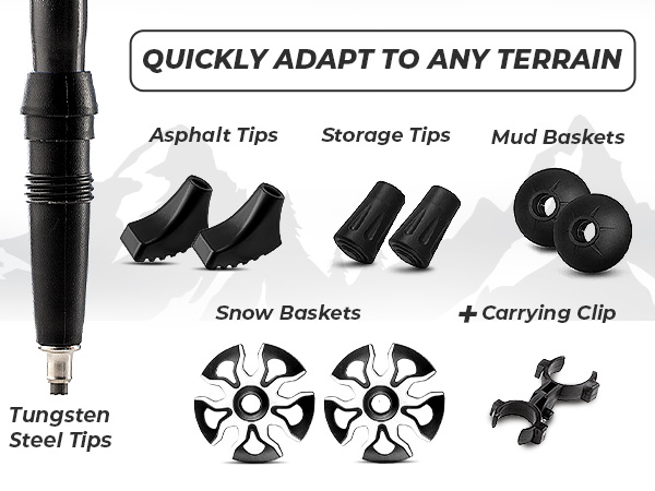 trekking pole tips for snow mud pavement rubber baskets hiking sticks with extra accessories