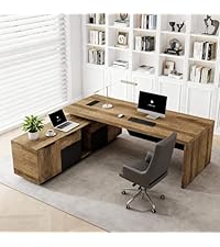63 Inch L-Shaped Executive Desk, Industrial Modern Wood Office Desk with Locking Drawers, Built-in C...