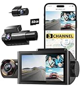 Three-channel dash cam system with front, rear, and interior cameras. Includes 32GB memory card, smartphone connectivity, and display screen showing multiple camera views simultaneously.