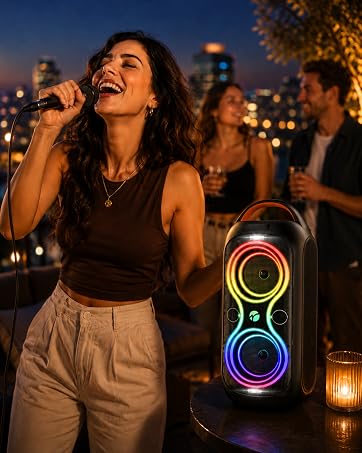 woman singing with a microphone connected to the party speaker with led effects