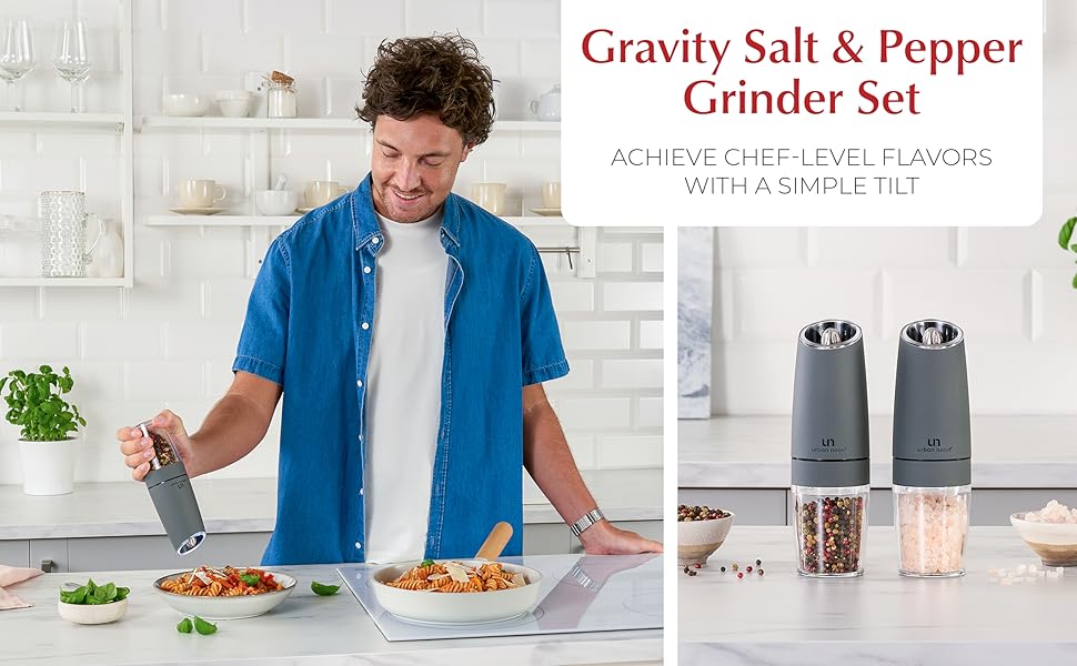Smiling Man Using an Electric Gravity Salt and Pepper Grinder and an image of the set in a kitchen