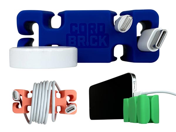 CordBrick wraps and holds cords, and stand phones