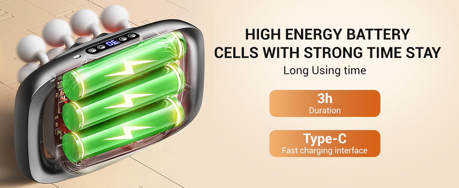 Massager: high-energy battery, 3h use, Type-C fast charge