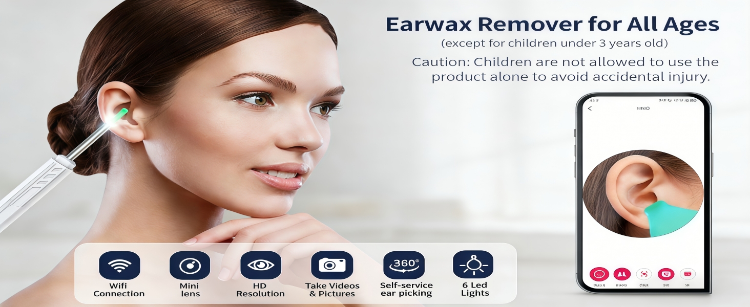 Ear Wax Removal - Earwax Remover Tool with 6 Pcs Ear Set - Ear Canal Cleaner with 1080P Camera