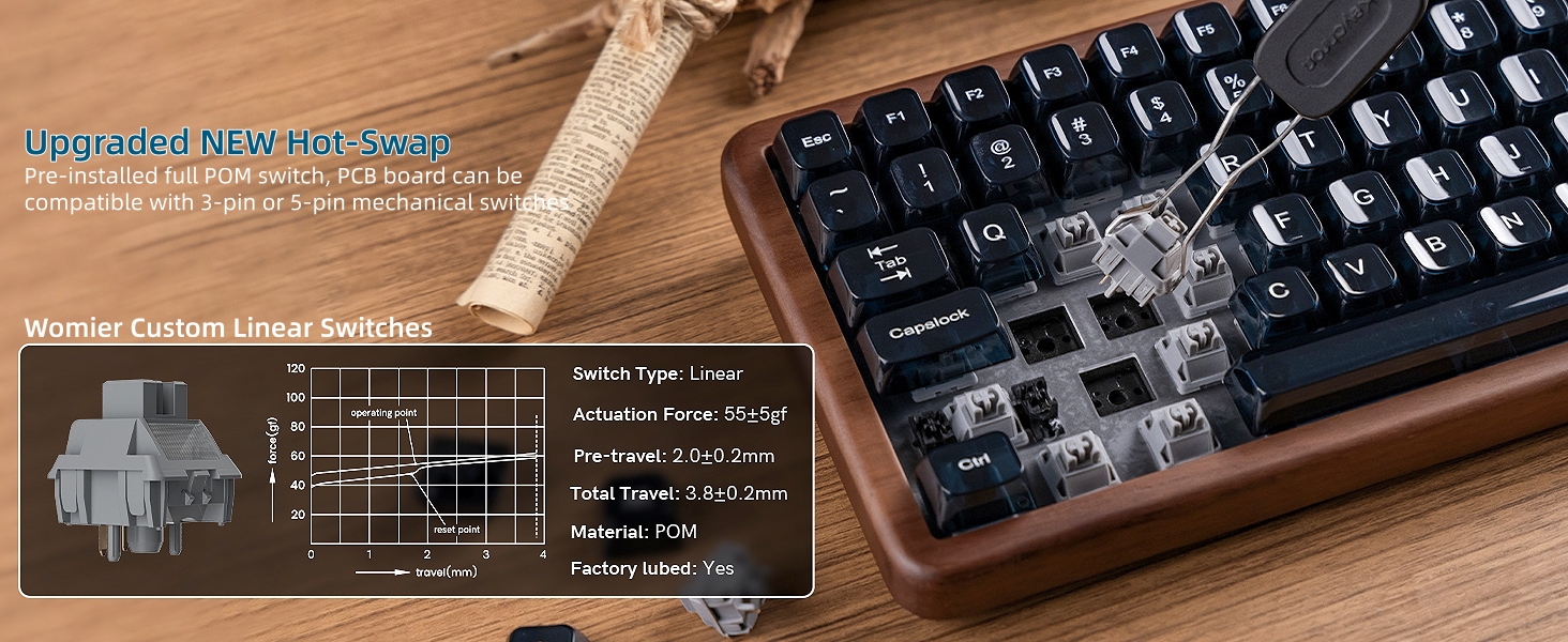 98% Wireless Mechanical Keyboard with Number Pad Natural Walnut Wood Gaming Keyboard