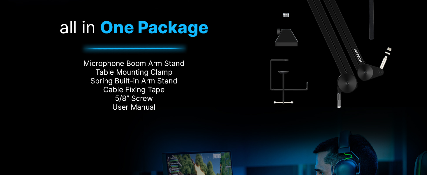 gaming mic podcast microphone stand arm boom studio pc computer streaming desk low profile cable cam
