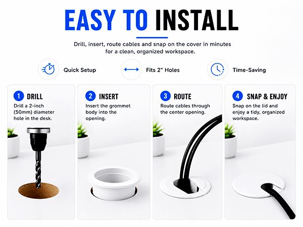 Easy installation steps for white desk cable grommets in a 2 inch hole