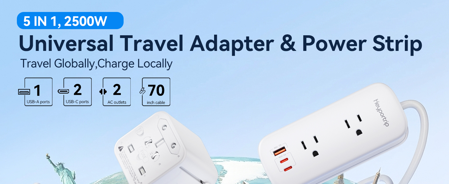 Universal travel adapter power strip travel, 1USB-A port, 2 USB-C Ports, 2 AC outlets, 70 inch cable