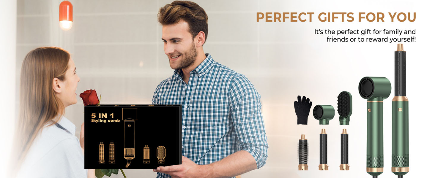 Text reads 'PERFECT GIFTS FOR YOU'. Product display showing hair care tools including brush, comb and styling accessories in dark and green colors.