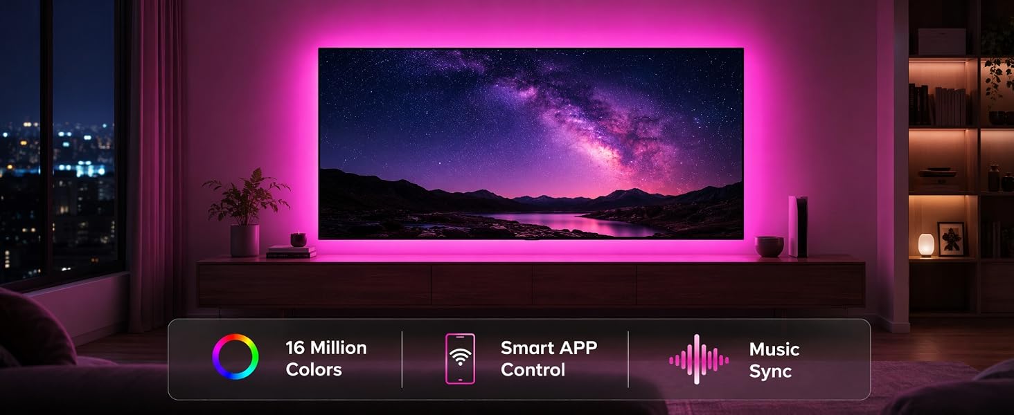 Text reads '16 Million Colors', 'Smart APP Control', 'Music Sync'. LED-backlit TV wall mount displaying purple galaxy landscape scene with ambient pink neon lighting in modern living room with shelving.