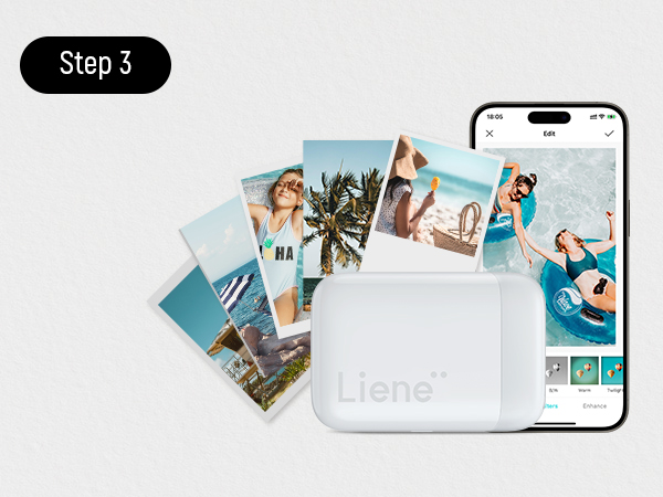 White Liene photo printer device shown with scattered vacation photos and smartphone displaying photo gallery app interface.