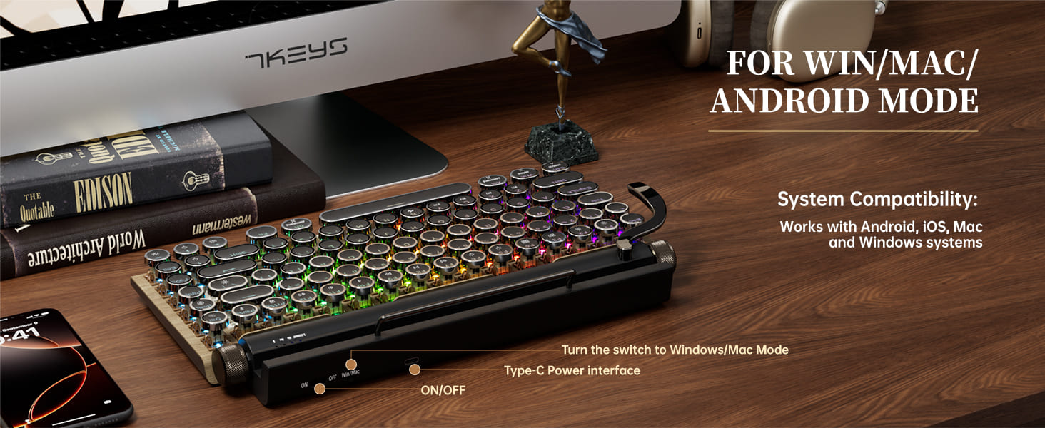 This wireless retro keyboard easily switches between different operating systems.