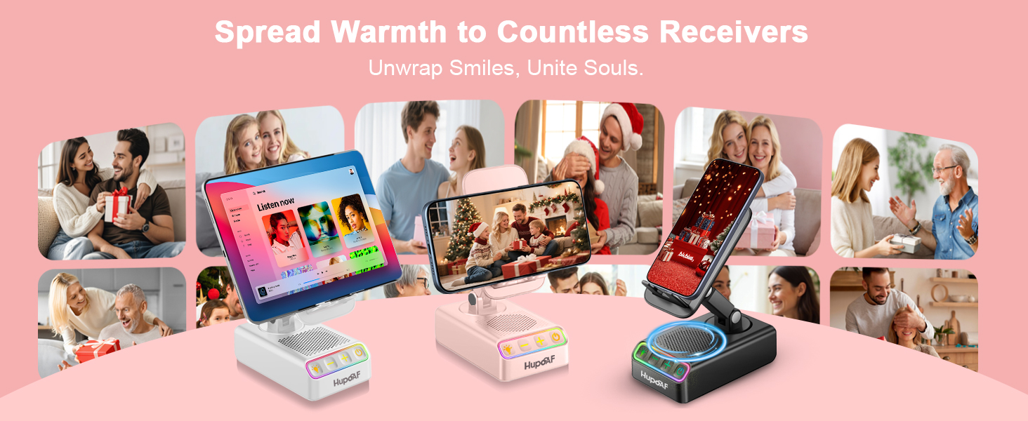 Text reads 'Spread Warmth to Countless Receivers'. Banner showing multiple scenes of people receiving and sharing gifts, with delivery boxes and wrapped presents in a pink-tinted collage.