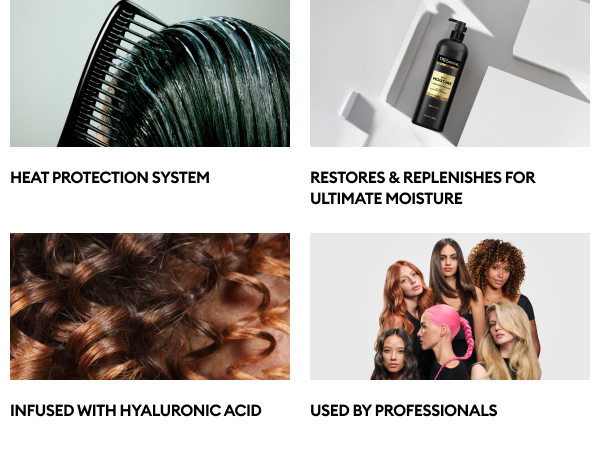 Comb through hair, TRESemmé bottle, shiny curls, &amp; diverse women with bold styles.