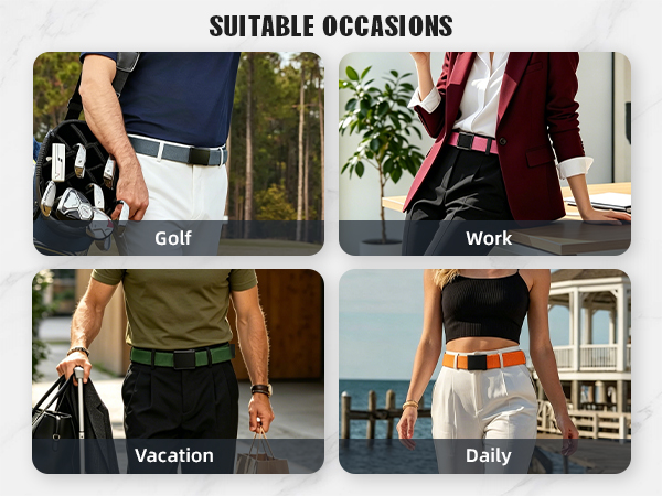 Text reads "SUITABLE OCCASIONS" with four lifestyle categories: "Golf" showing person holding bag, "Work" showing person in business casual attire, "Vacation" showing person in casual wear, "Daily" showing person at home.