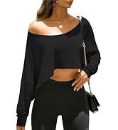Fisoew Womens Off The Shoulder Cropped Tops Batwing Long Sleeve Loose Fit Summer Boat Neck Workou...