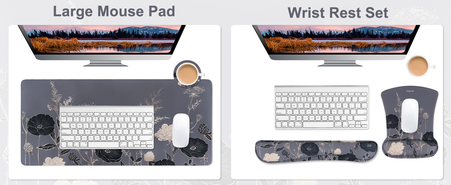 Text reads 'Large Mouse Pad' and 'Wrist Rest Set'. Product image showing desk accessories including keyboard, mouse pad, and wrist rest in grayscale design.