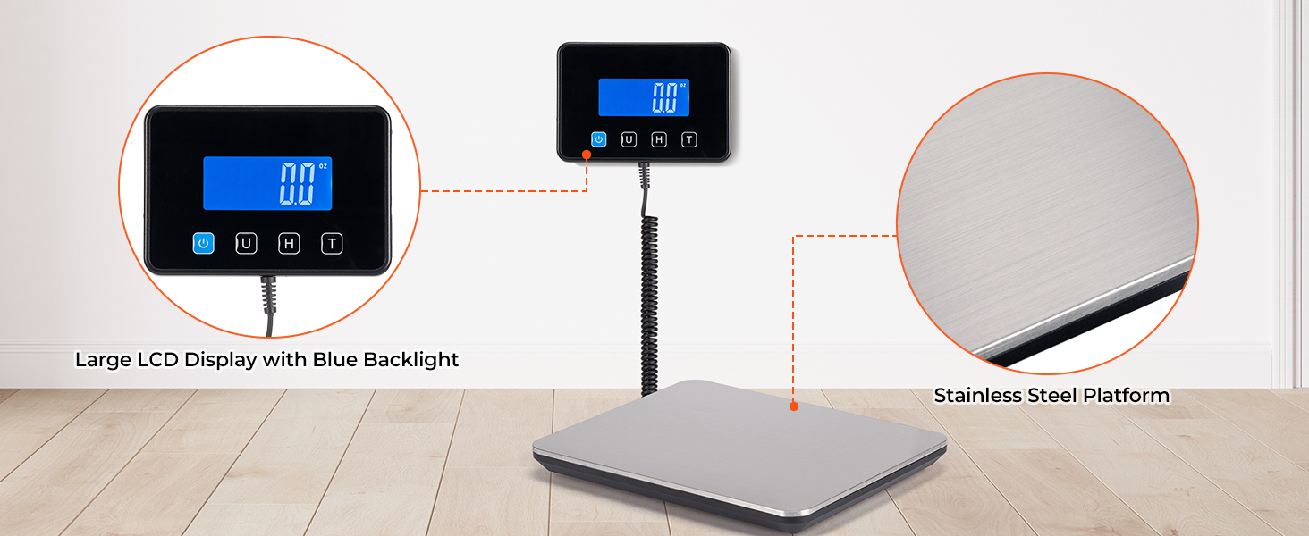 Digital scale with stainless steel platform and extendable display. Features a large LCD screen with blue backlight, showing '0.0' reading. Ideal for precise weighing in various settings.