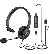 EAGATON S500 Wired Single-Ear Headset with Dual-Mic ENC Noise Cancelling, 3.5mm+USB+Type-C Connec...