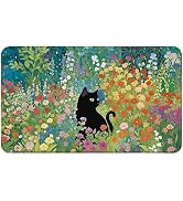 WARDOS Floral Black Cat Welcome Door Mat, Cats Lover Door Mat, Cat Floral Doormat for Front Door ...