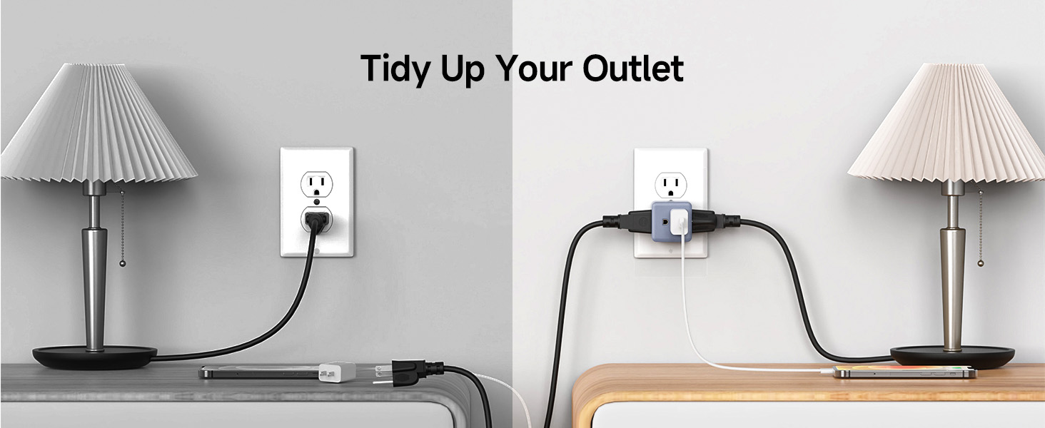 3 outlet cube tap with 90-degree plug for space-saving and efficient power distribution