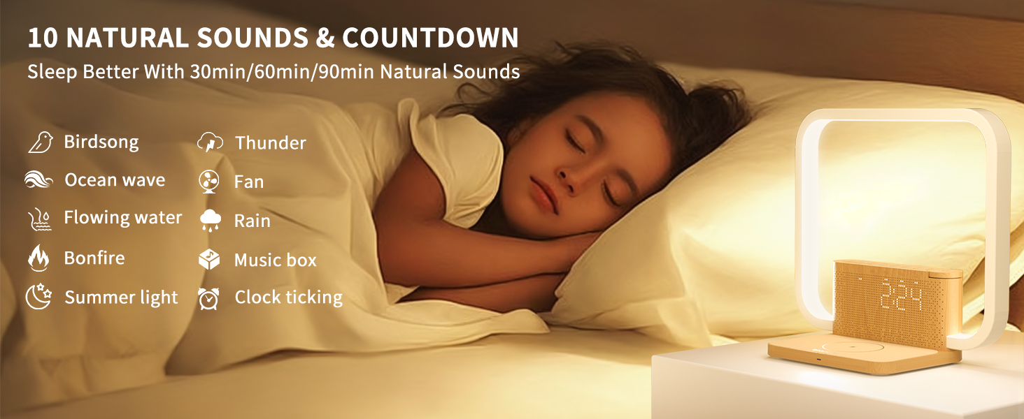 Natural sounds sleep aid advertisement. Lists 10 sound options including birdsong, thunder, and rain. Shows person sleeping on pillow.