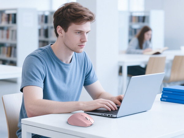 Person working at laptop in library setting with pink ergonomic mouse on desk beside computer.