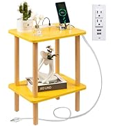 FORAOFUR Side Table with Charging Station, Yellow, Rectangular, 16.5"L x 12.6"W x 21.2"H