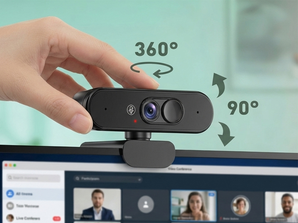 Text shows '360°' and '90°'. Webcam being adjusted on computer monitor showing video conference interface with multiple participant windows.