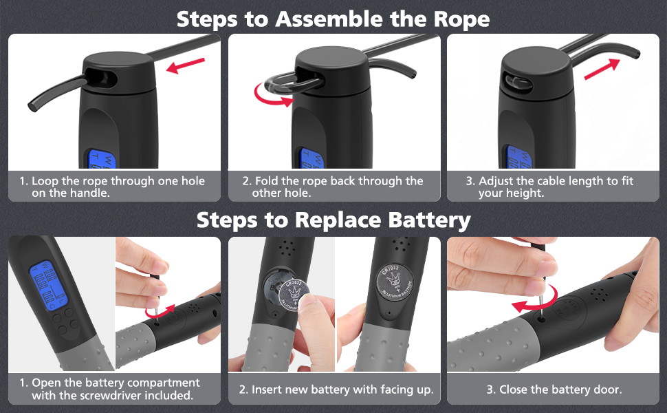 steps to assemble the jump rope and change battery