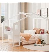 DUMOS House Bed with Desk, Wooden Montessori Bed Frame for Kids with House Roof, 2 Drawers, Loft ...