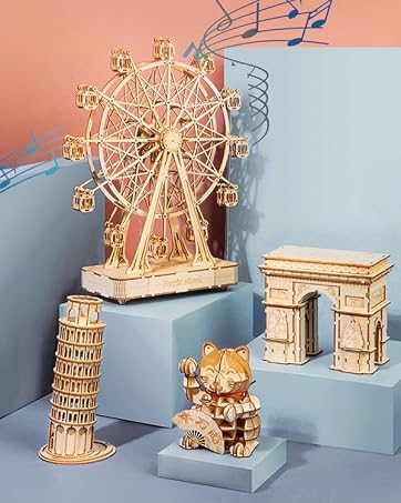 Rolife Wooden 3D Puzzles for Adults, DIY Carousel Music Box with Chaser Lights 11.6