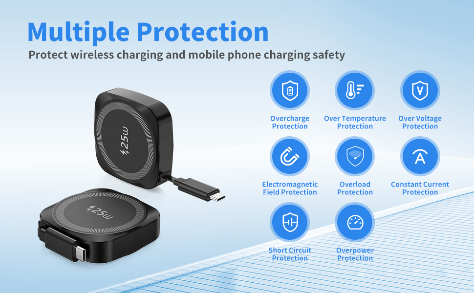 25W magnetic wireless charger with 8-fold multi safety protection system