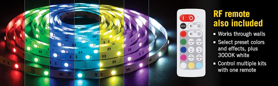 RF remote included 3000k white LED multicolor tape light kit color effects
