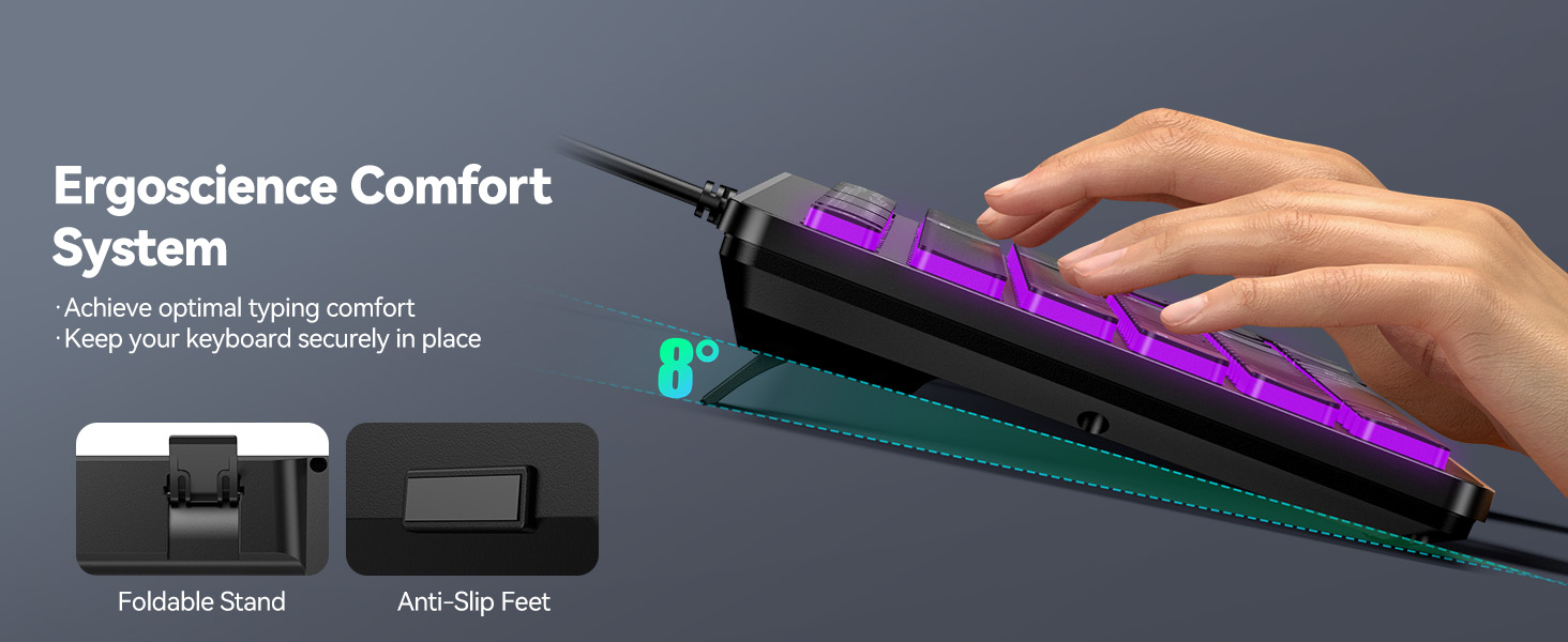 Text reads: 'Ergoscience Comfort System'. Diagram showing gaming or office chair components with highlighted cushion sections in purple and teal.